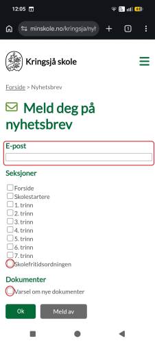 Mobil: Skriv inn epostadresse og velg Skolefritidsordningen/nye dokumenter